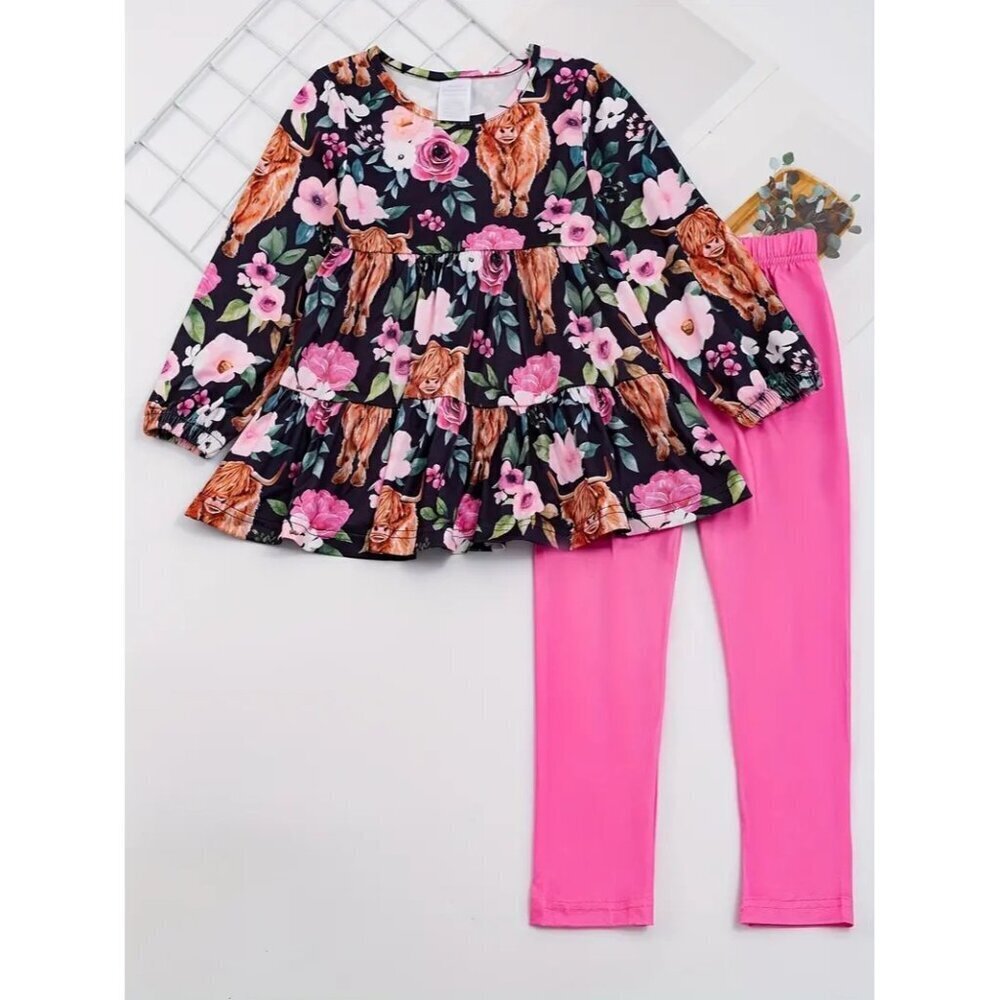 2PC set Girl's Long Sleeve Top & Pants Set, FLOWER Pattern Casual Outfits I